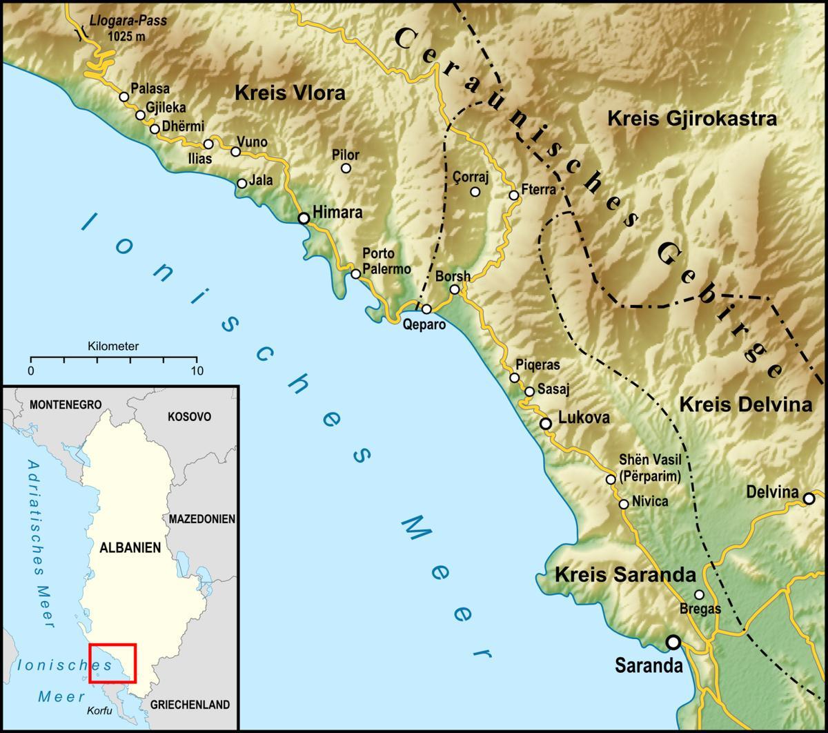 地图上的阿尔巴尼亚海岸